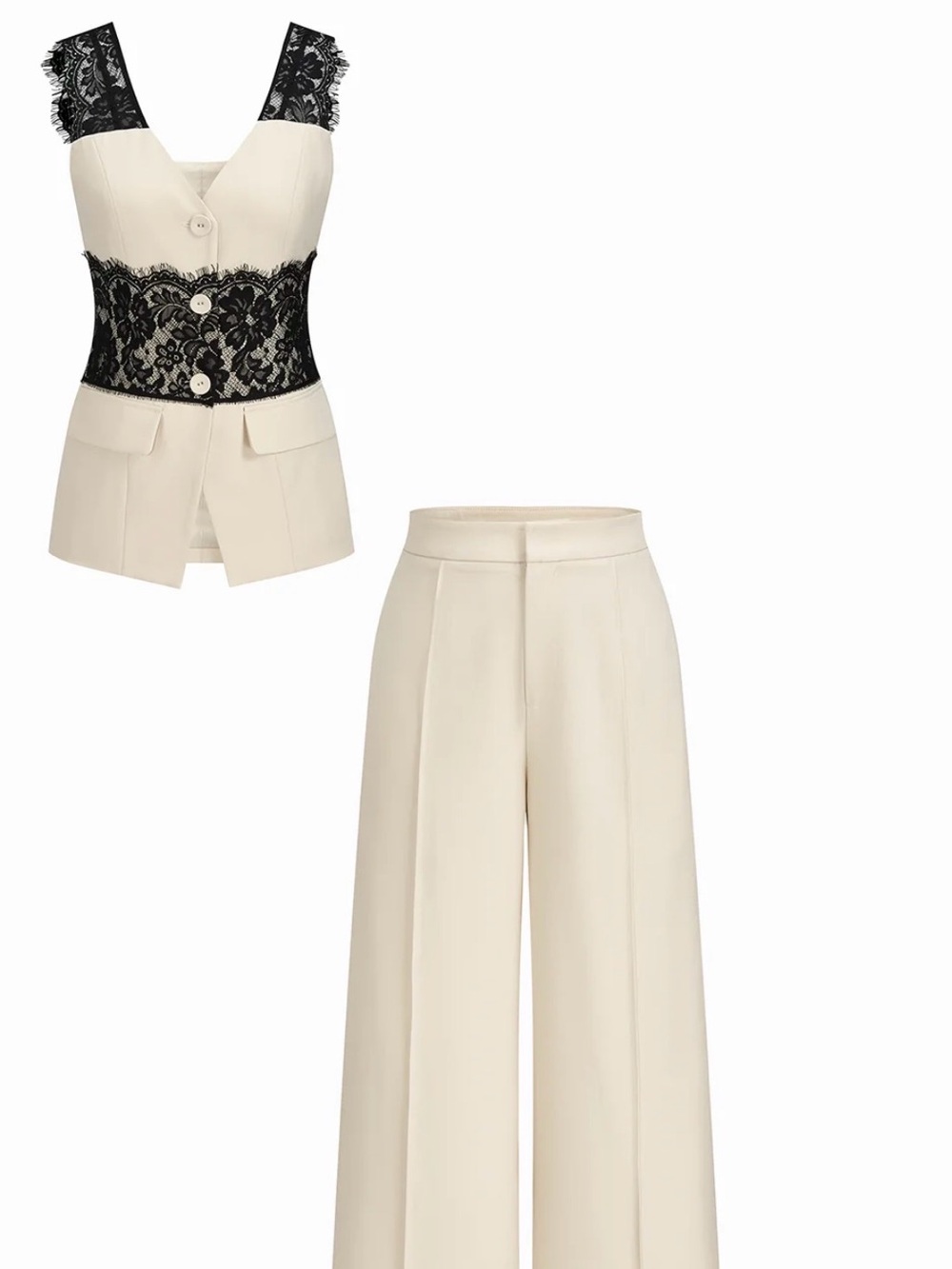 Commense Cream Wide-Leg Pant and Vest Set with Black Lace Details